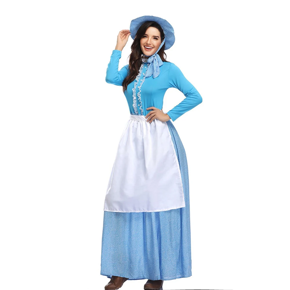 Костюм Мисс пионер голубое платье с фартуком Colonial Prairie Maid нарядное костюмы на