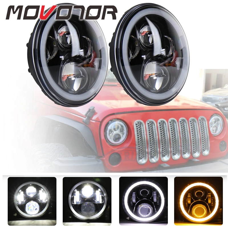 MOVOTOR 7 Inch LED Headlights with Halo Angel Eyes 50W Lights For-Lada 4x4 urban Niva Jeep-Wrangler JK 2 Door Hummer H1 H2