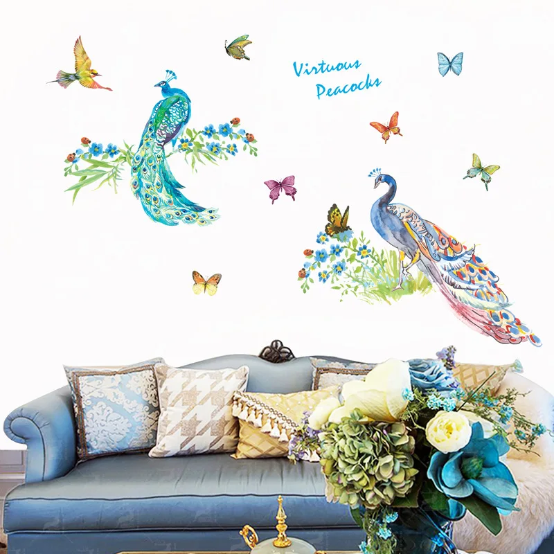 

Colored peahen brid and butterfly wall sticker Living room study wallpaper bedroom Sofa background decoration Removable stickers