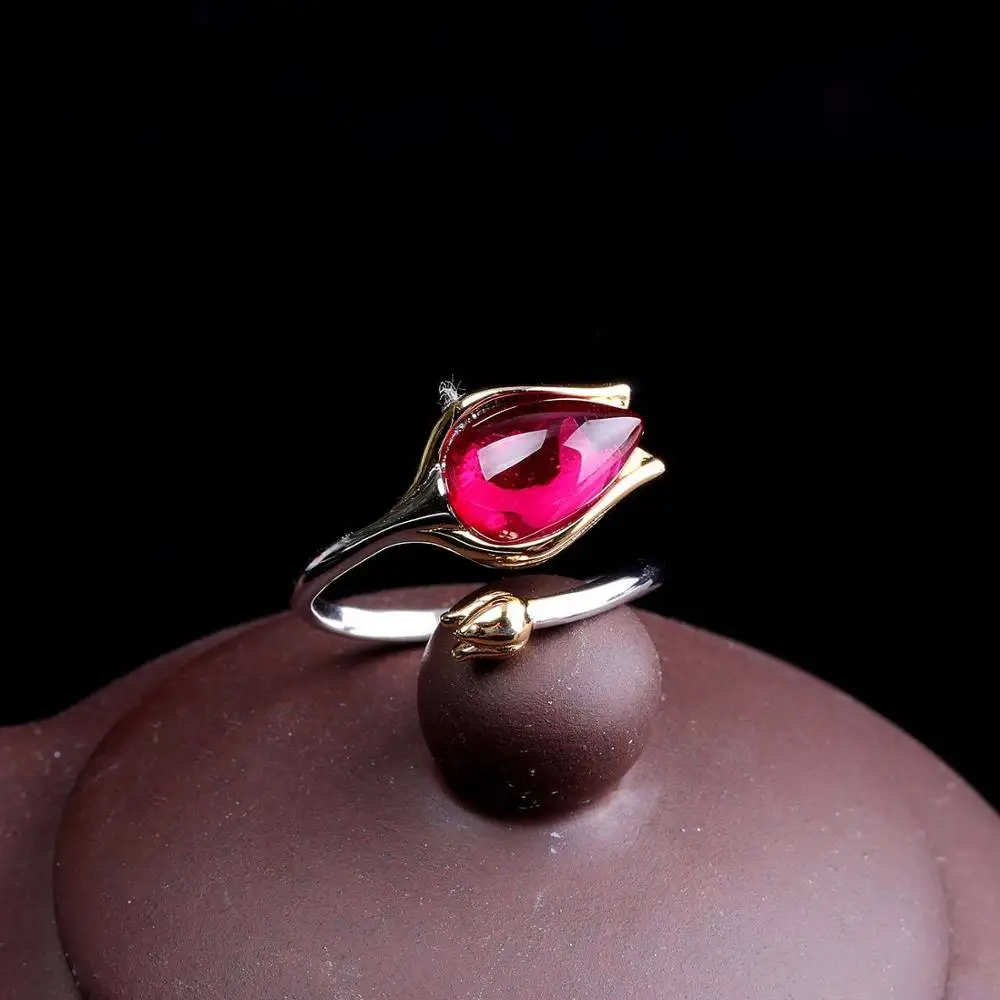 HOT Pink Ring Безглицый ручной работы тюльпан набор украшений для женщин натуральные драгоценные камни нефрит серьги кольца набор кулонов 925 серебро цветочные ювелирные изделия S02 - Цвет камня: HOT Pink Ring
