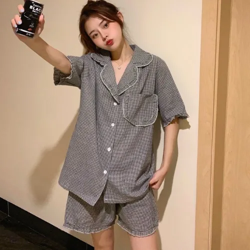 

Fashion Women Plaid Sleepwear Set Sweet Cotton Linen Checkered Pajamas Girl Nightwear Loose Pocket Lapel Home Clothes Ruffle New