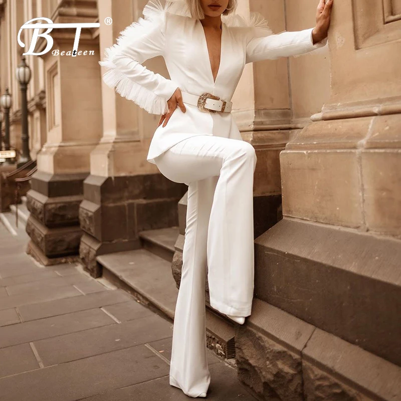 

Beateen Sexy Deep V Ruffles Mesh Long Sleeve Buckle Belt Blazer Boot-Cut Pants Suits 2019 New Fashion Office Lady Two Piece Sets