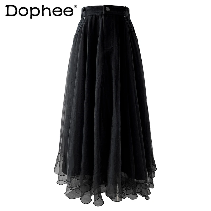 

Женская юбка-зонтик во французском стиле с высокой талией, новая модная сетчатая юбка, трапециевидная однотонная Пышная юбка, Элегантная ун...