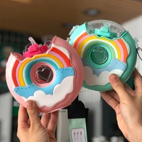 plastic donut kids sprayer water bottle with anti lost strap portable straw water kettle for children kawaii cup drinking bottle