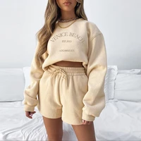 2021 fall womens fleece thick loose pullover embroidered long sleeve sweater pullover covered hip shorts casual shorts suit set