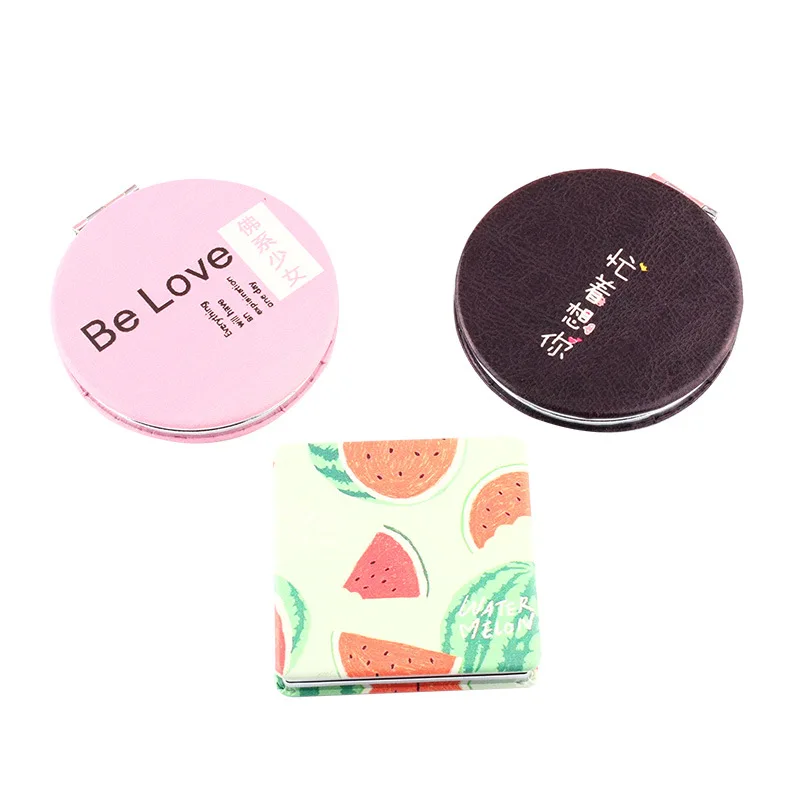 PU Folding Small Mirror Portable Makeup Pocket Mirror Round Mirror