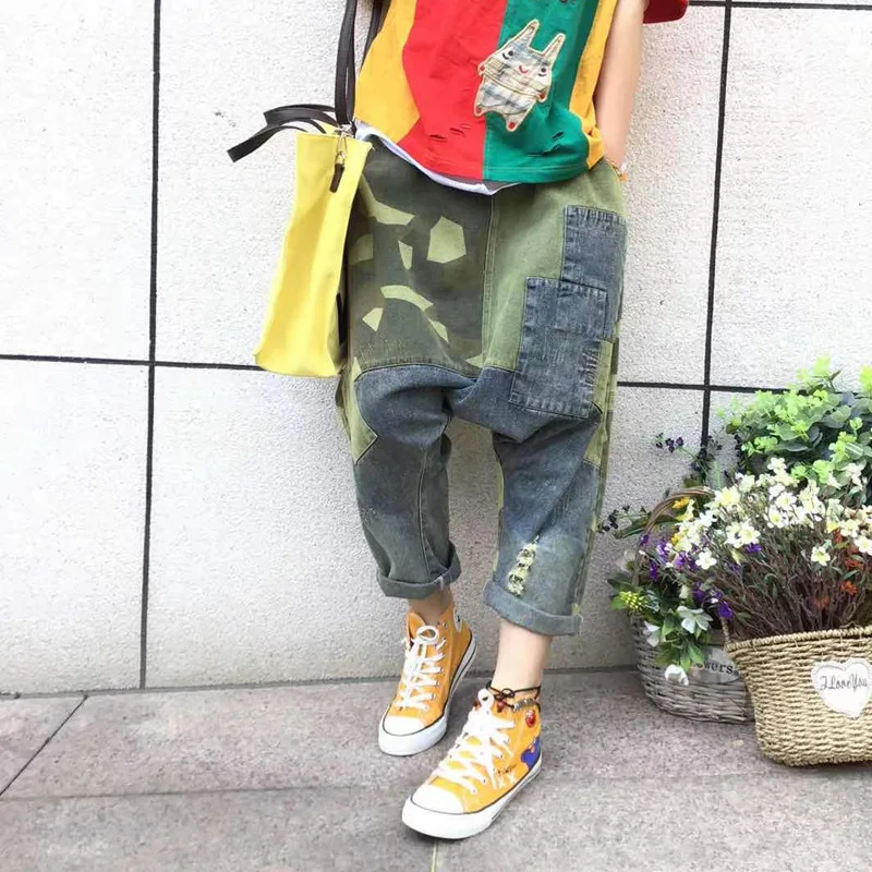 

Women Baggy Low Crotch Denim Pants Camouflage Patchwork Wide Leg jeans hip hop cowboy Harem Trousers Boyfriend Bloomers Joggers