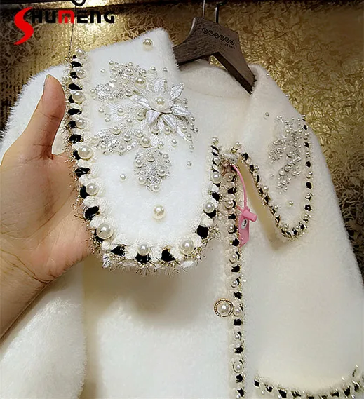 

High-End Luxury Heavy Beaded Flowers Doll Collar Winter Clothes Women White Fairy Princess Thickened Jackets for Women 2022