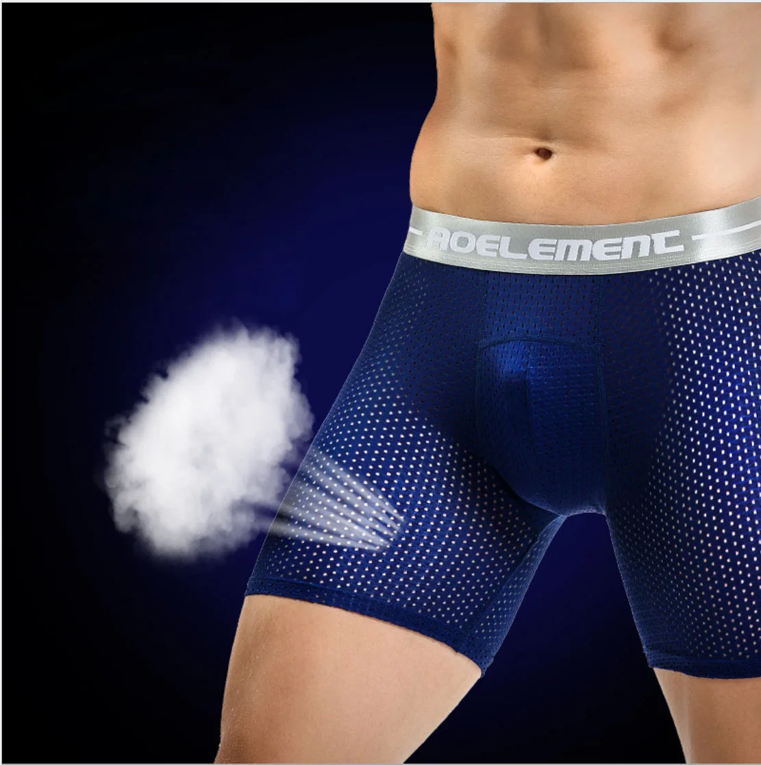 

L~6XL Large Male Underwear Ice Mesh Hole Sports Fitness Plus Long Boxer Pants Man Couple Sexy Set Calecon Big Size194 Blue Color