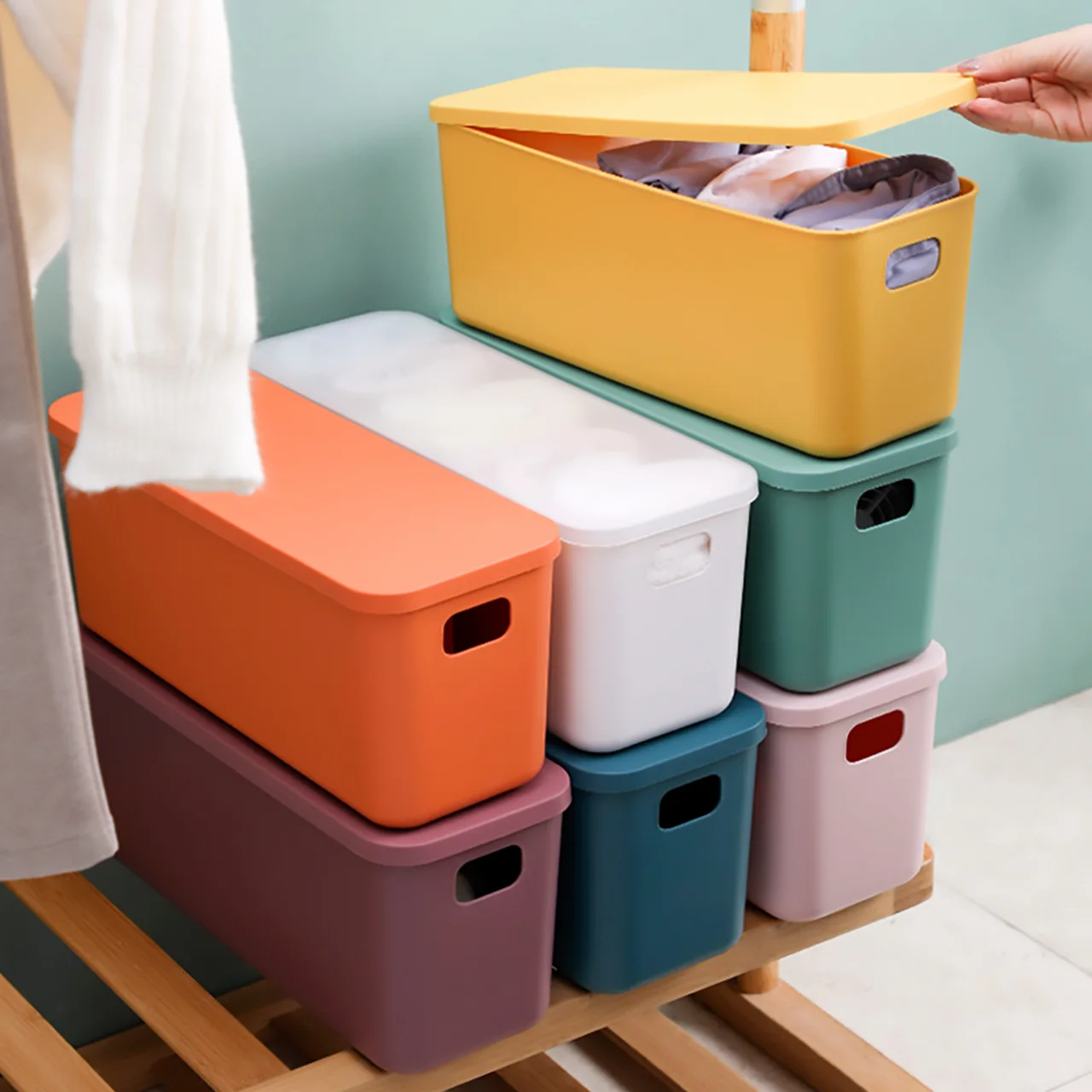 

Rectangular Plastic Desktop Snacks Sundries Storage Baskets With Lids Colorful Portable Bathroom Kitchen Storage Organizer Box