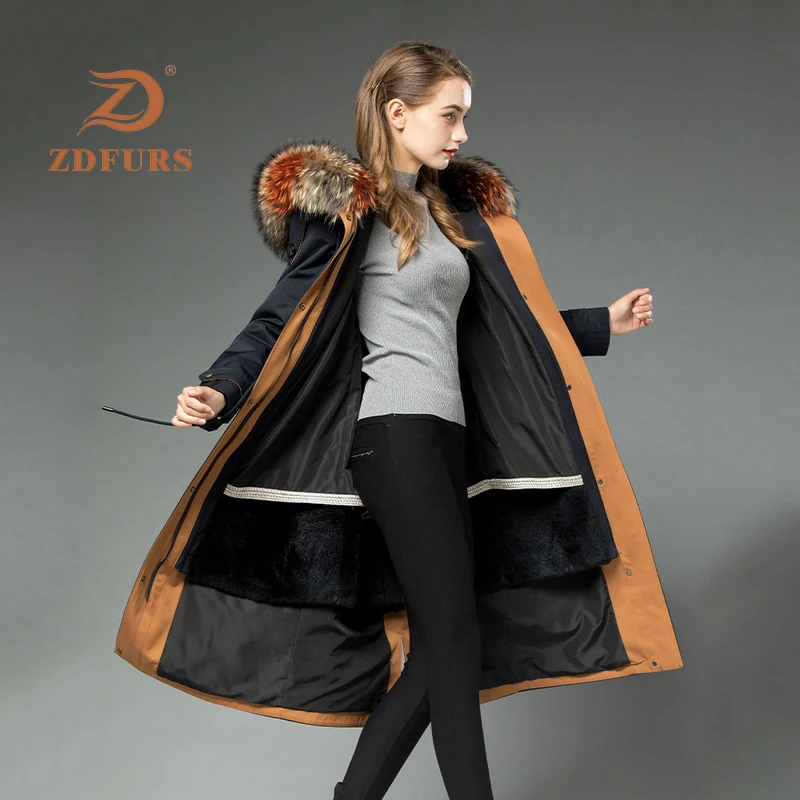 ZDFURS* Женская парка из меха кролика рекс с мехом енота с капюшоном зимний помпон из натурального меха длинная стильная ветрозащитная модная куртка