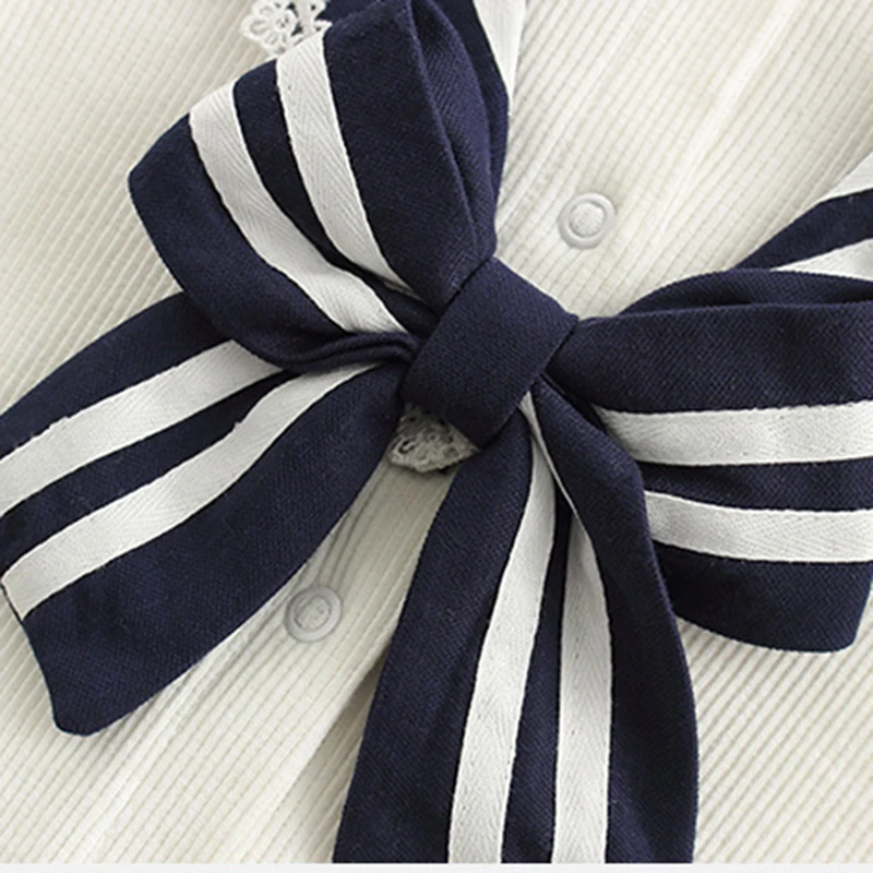 

Spring newbron baby jumpsuit navy casual climbing suit baby girl clothes kids cotton romper with bow