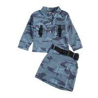 2pcs toddler kids girls camouflage lapel long sleeve shirthigh waist short skirt with belt sets 2 7 years