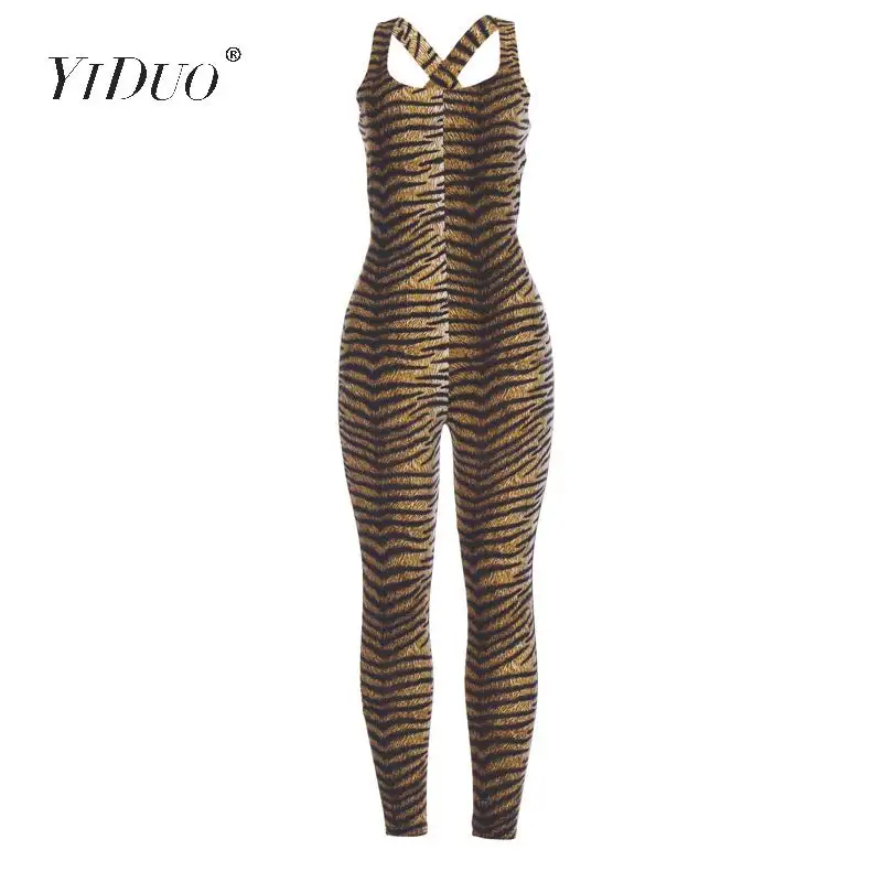 

YiDuo Fashion Animal Tiger Print Sexy Rompers 2019 Fitness Workout Jumpsuit Women Back Bandage Hollow Out Female Sexy Overalls