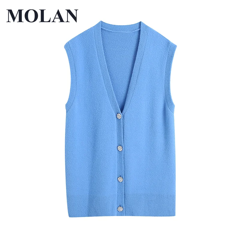 

MOLAN Fashion Women Cardigans Sky Blue V Neck Solid Diamond Buttons Soft Casual Knitting Sweater Female Vest Chic Tops