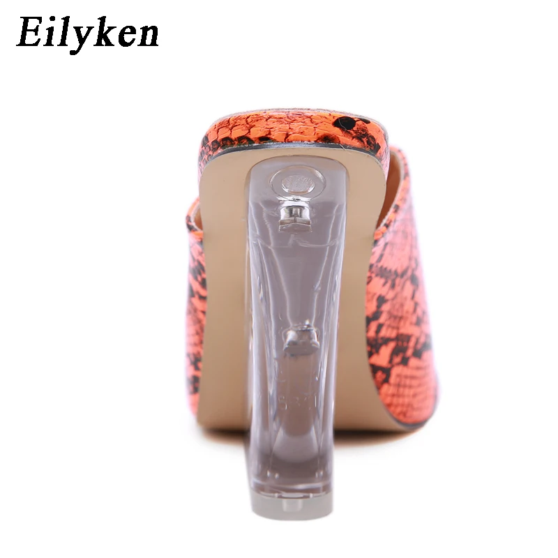Eilyken/большие Size35-40; модные женские шлепанцы со змеиным узором; Цвет зеленый, оранжевый; пикантные вечерние шлепанцы на танкетке со стразами