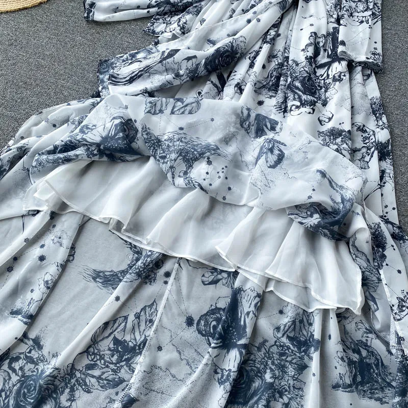 

2021 New Summer Fashion Temperament Maxi Vestidos Women's Round Neck Tie Waist Ink Printing Self-cultivation Holiday Dress DK763