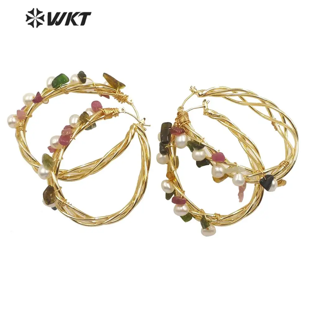 WT-E588 WKT, серьги с натуральным жемчугом, серьги с проволочной оплеткой из жемчуга, серьги с разноцветными Каменными бусинами, модное ювелирное изделие для женщин