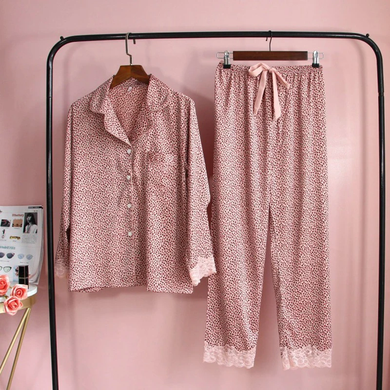 

Fiklyc Leopard Color Satin Pajamas Sets Long Pants Sexy Women's Lounge Pyjamas Spring Lace Faux Silk Nightwear Outwear New 2021