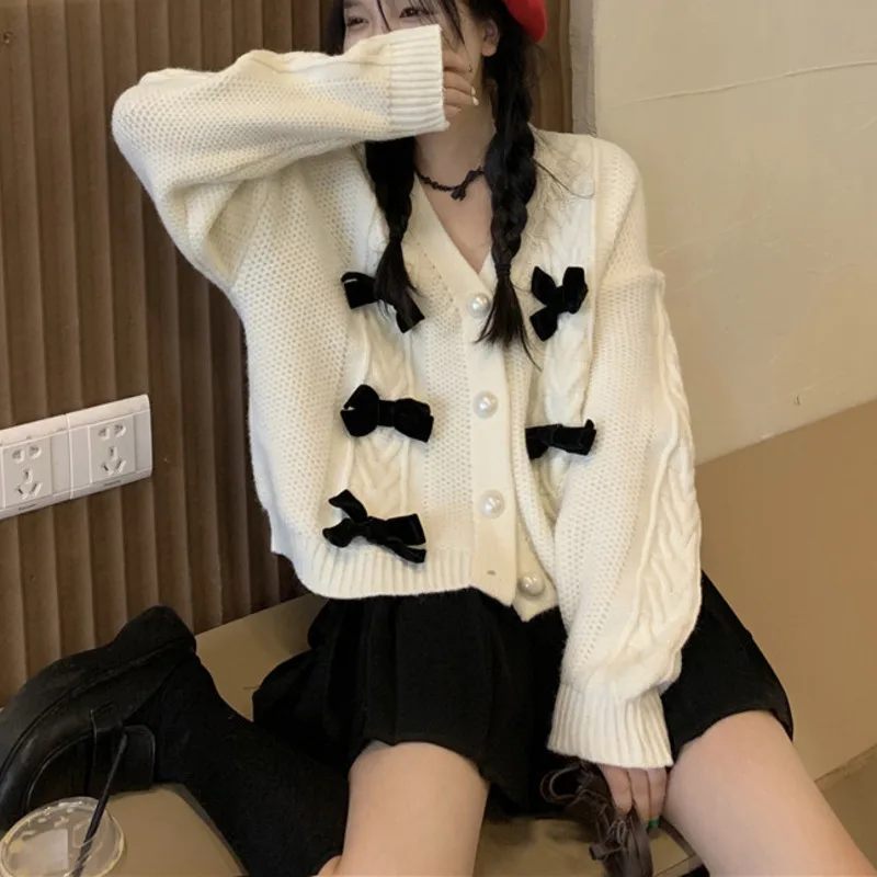 

Женский трикотажный кардиган с длинным рукавом, милый свободный свитер с V-образным вырезом и бантом, Осень-зима