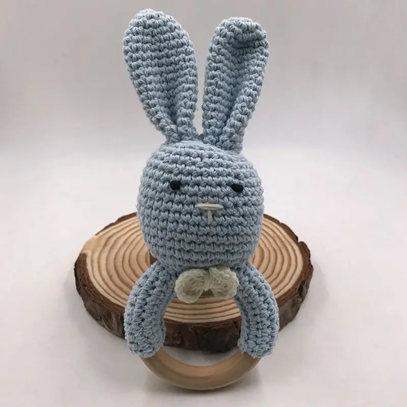 

Baby Bunny Ear Teether Wooden Crochet Teething Ring Newborn Sensory Shower Gift 95AE