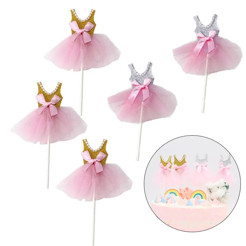 

5Pcs Girls Birthday Cupcake Topper Gold Ballerina Skirt Cake Picks Princess Tutus Dress Cake Toppers Wedding Party Decoration