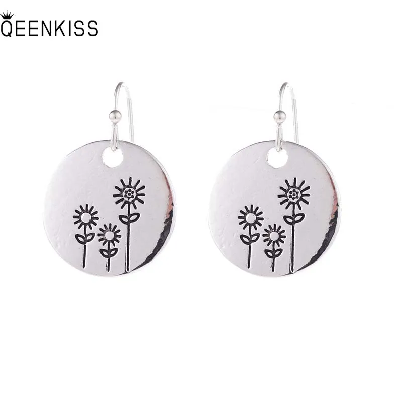 

QEENKISS EG6344 2022 Fine Jewelry Wholesale Fashion Woman Girl Birthday Wedding Retro Flower Round Antique Silver Drop Earrings