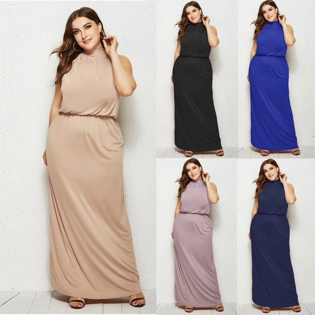 Однотонное платье женское вечернее сексуальное без рукавов с круглым вырезом