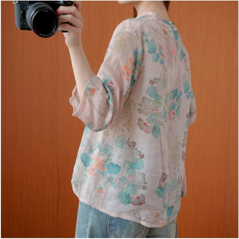 

Chinese Oblique Placket Buckle Cotton and Linen Top Women's Ramie Shirt Summer Loose Large Size Three Quarter Sleeve Printed