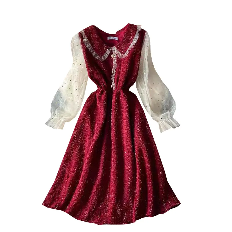 

Doll collar dress with new French retro slim A-line in autumn and winter 2020