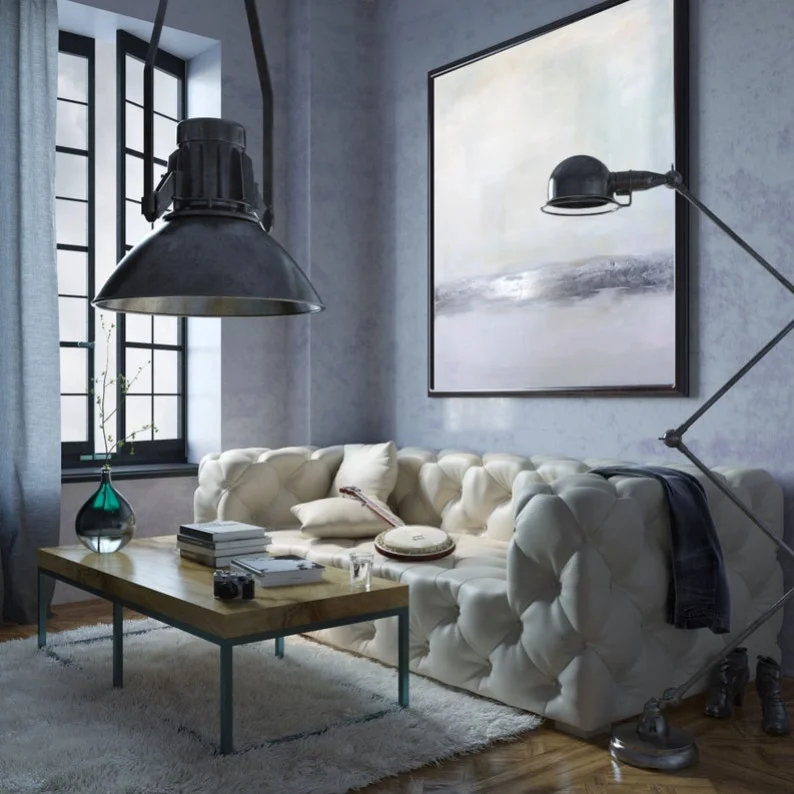 Абстрактная большая серая картина с серебряными листьями бежевая Современная