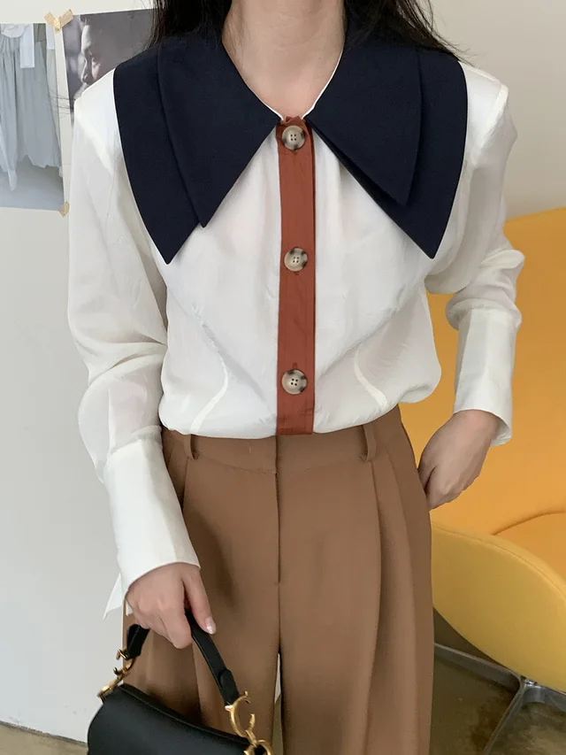 

Korean Chic Early Spring New Contrast Color Double Lapel Design Sense Niche Shirt Women's Long Sleeve All-Matching