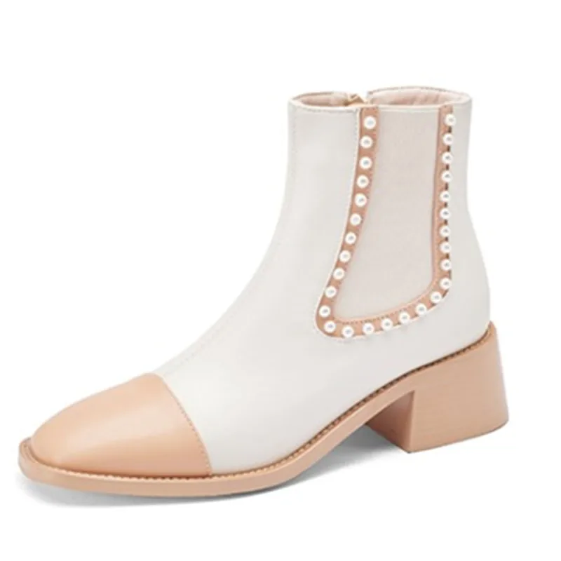 

Fanyuan Chelsea Boots Women Shoes Mid Heel Pearl Ankle Boots Round Toe Chunky Heels Short Boots Ladies Autumn Winter shoes