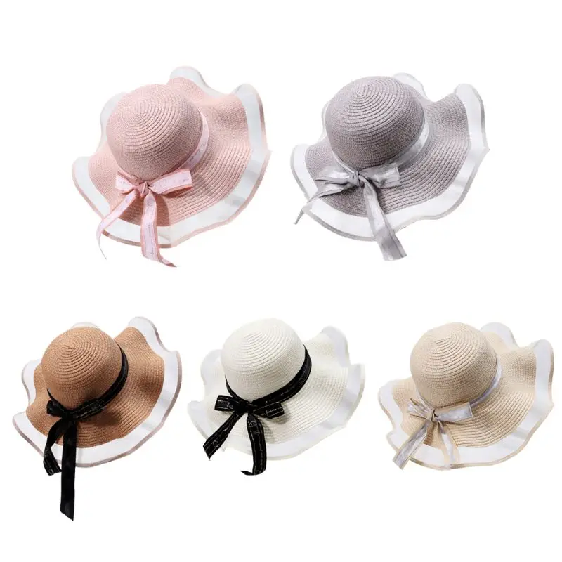 

Women Summer Woven Straw Floppy Sun Visor Hat Mesh Splicing Letters Ribbon Bowknot Elegant Wavy Wide Brim Sunscreen Beach Cap