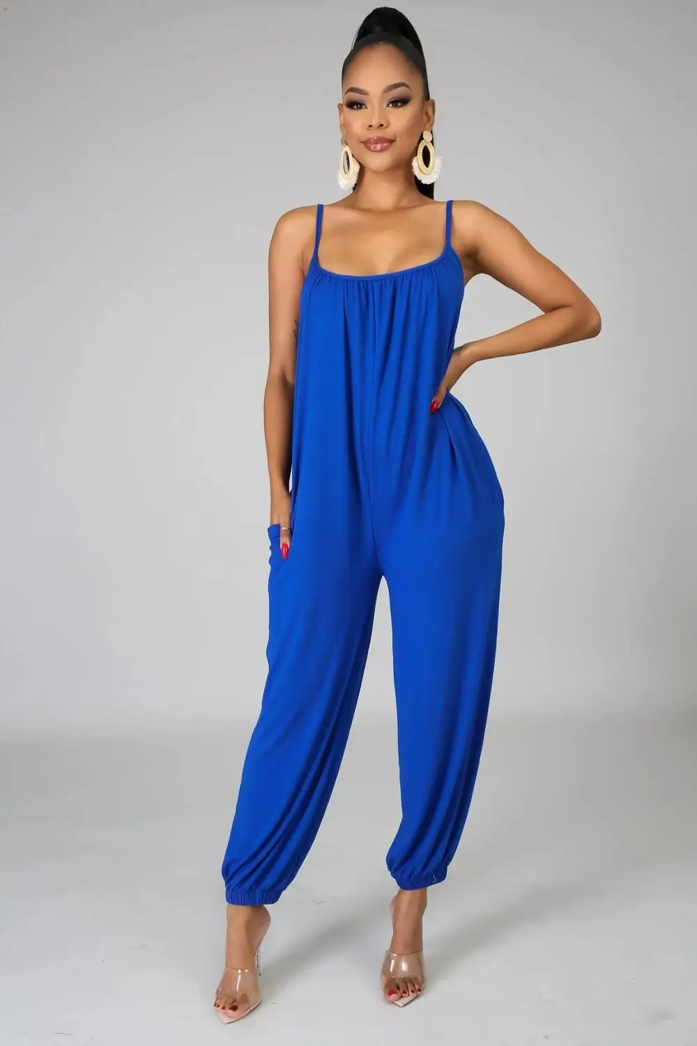 

SUWA 2020 Solid Color Loose Banded Leg Women's Long Jumpsuit Summer Casual Bohemian Lady Pocket Side Romper Female Overalls