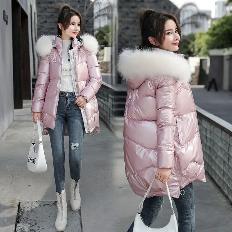 

Winter Women Thickened Bright Bread Down Parka Coat Loose Casual Pink Silver Green Clothes Tops With Hooded
