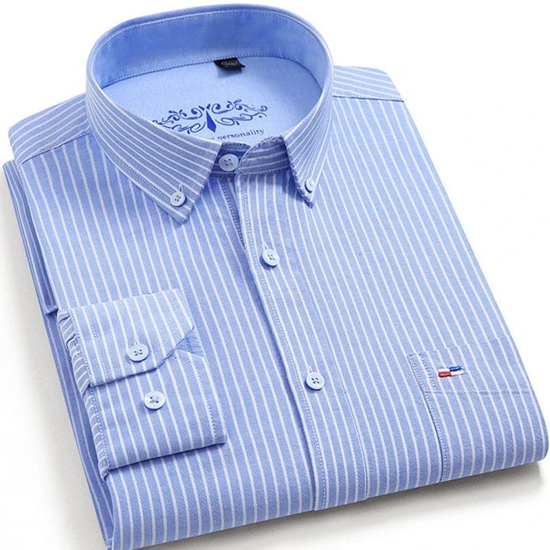 New Pure 100% Cotton Oxford Shirt Men's Long Sleeve Casual Slim-fit Plaid/Striped Male Dress Shirt Social For Man Business Shirt