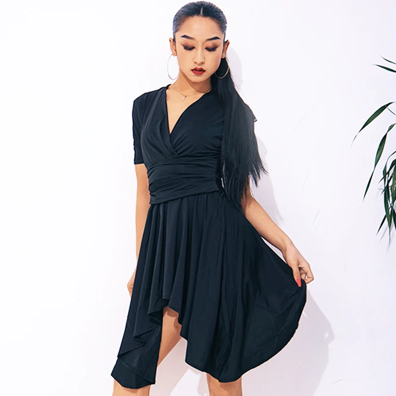 

Latin Dance Dress Adult Practice Clothes Women Loose Short Sleeve Dress Samba Rumba Modern Dance Wear Black Dress Summer BL5919