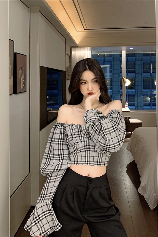 

Slim long-sleeved short bottoming chiffon shirt women spring and autumn western style lace shirt plaid new shirt
