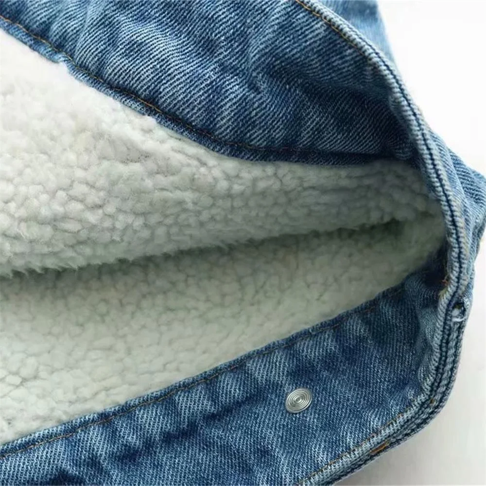 

Zatrf2019 winter new women's Vintage polo long sleeve Plush warm loose Denim Short Fleece Jacket