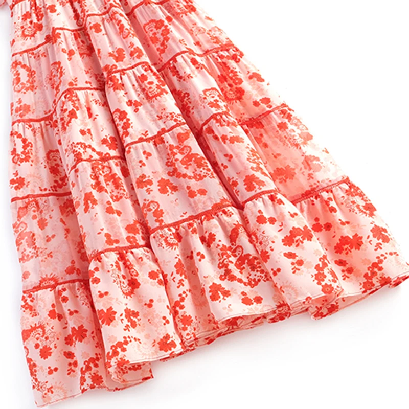 

Casual Pink Print Dress For Women O Neck Short Sleeve High Waist Korean Midi Dresses Female Summer Fashion Clothing
