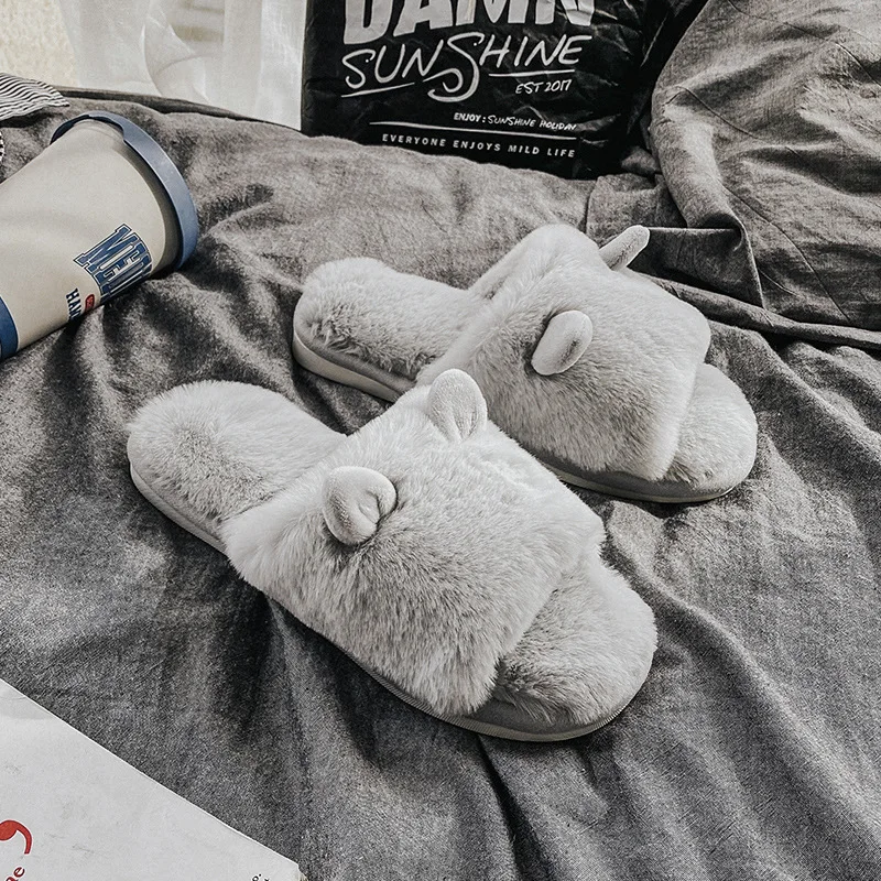 

2020 New Cotton Slippers Women's Home Slippers Winter Cute Indoor Home Non-slip Plush Slippers Open Toe Bead Rabbit Ears Slipper