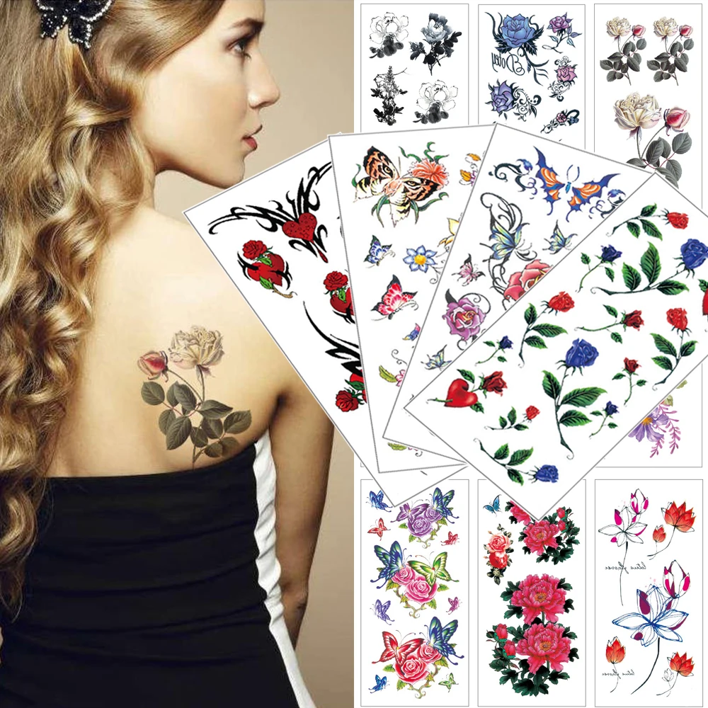 Watercolor temporary tattoo stickers Red blue rose lotus lily Waterproof sticker Flower butterfly Woman body Sexy | Красота и