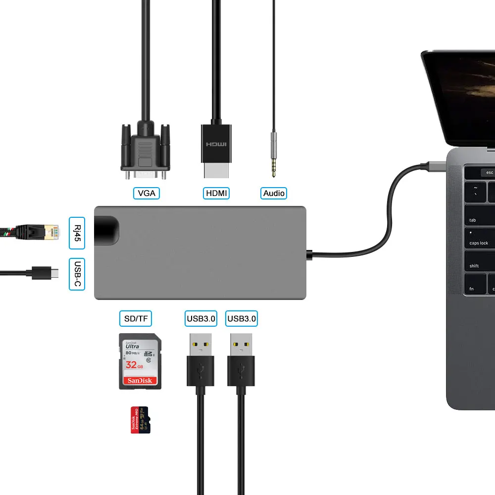 

to USB3.0 HUB Adaptador HDMI-compatible VGA RJ45 Dock For MacBook Pro Huawei USB-C 3.1 SD/TF Hub with Audio Jack