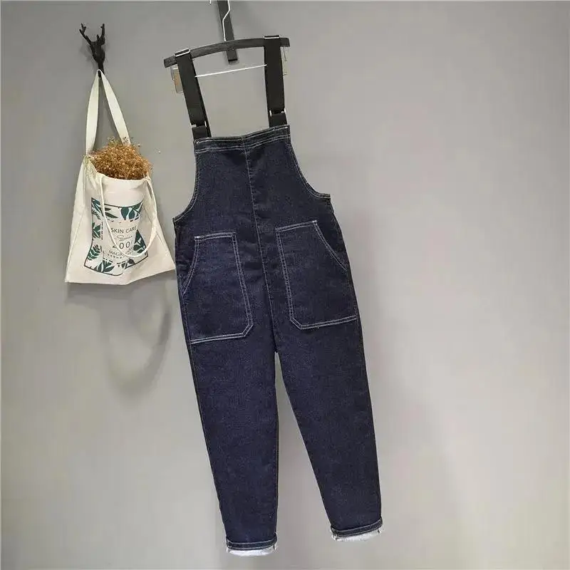 Ladies Hot Rhinestone Denim Overalls Amoi Loose Thinning Hole Nine Points Harlan Wide Leg Jumpsuit Mom Jeans Cargo Pants Women
