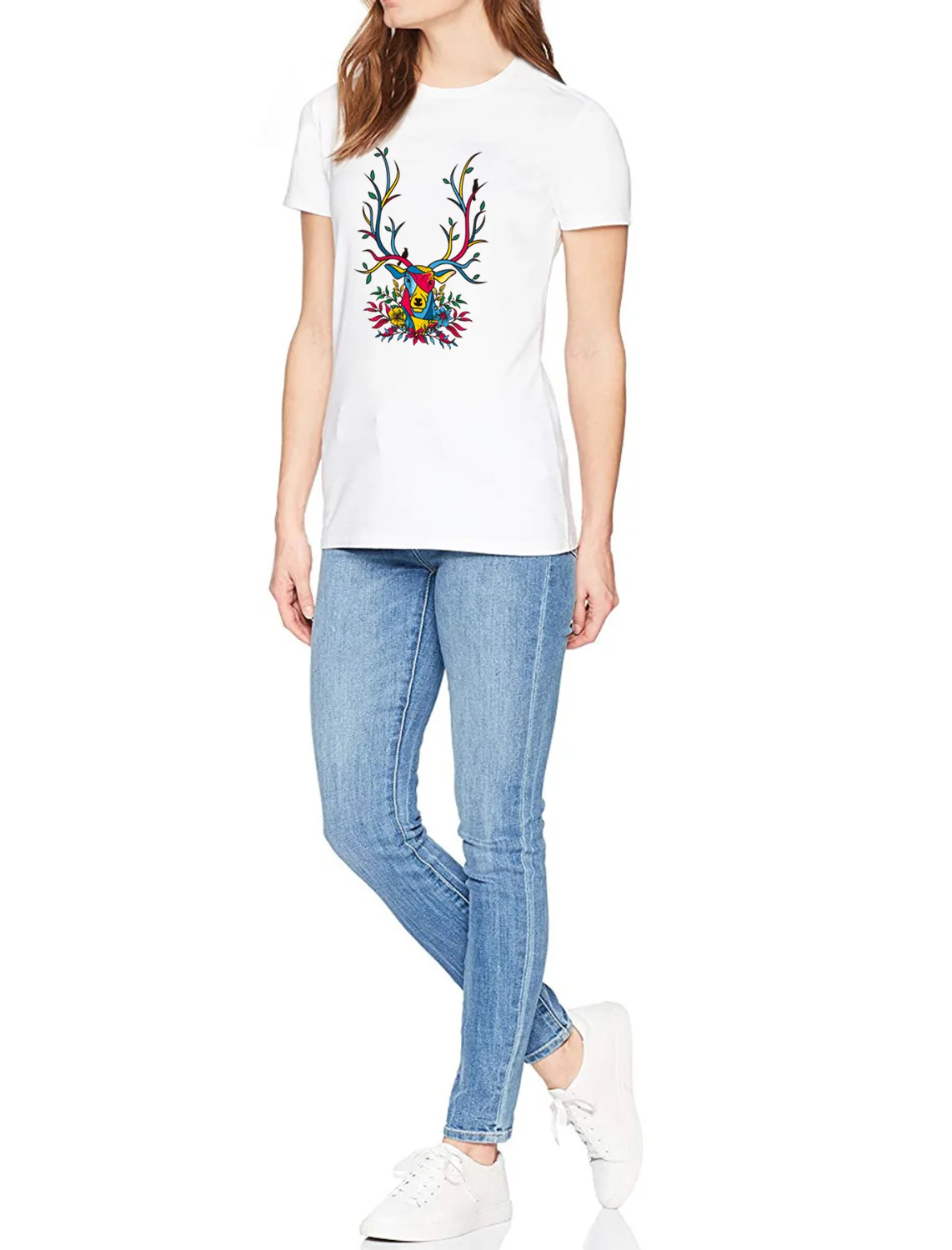 Женские футболки с принтом оленей леса Листьев черного серого и белого цветов