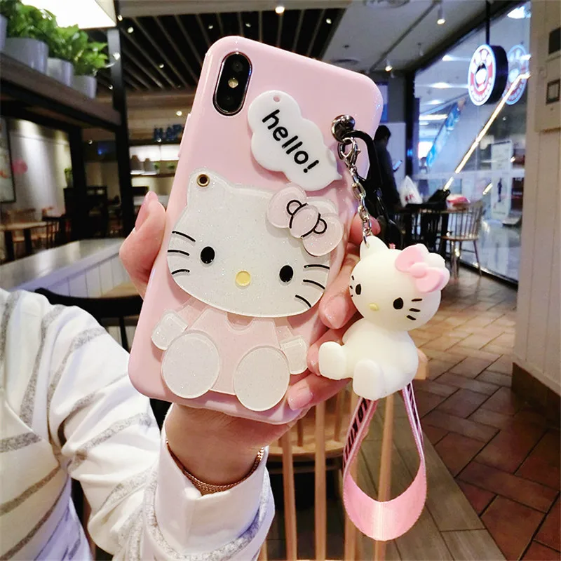 

For iPhone 12 Pro Mini 11 Pro XS Max X XR 7 8 6 6S Plus SE Super Cute Make Up Mirror Case Cover + Stand Doll Rope Hand Strap