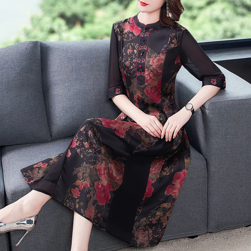 Женское платье в китайском стиле длинное с рукавом средней длины для лета 2020 |