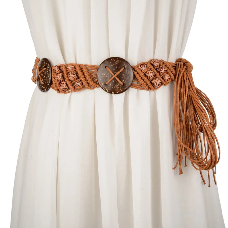 

Ремень женский плетеный в богемном стиле, модный пояс в стиле бохо, с восковыми кокосовыми бусинами