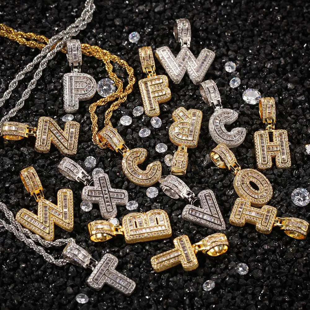 A Z Золото Цвет багет инициалы буквы хип хоп кулон Bling Zirconia Мужская Женская цепочка